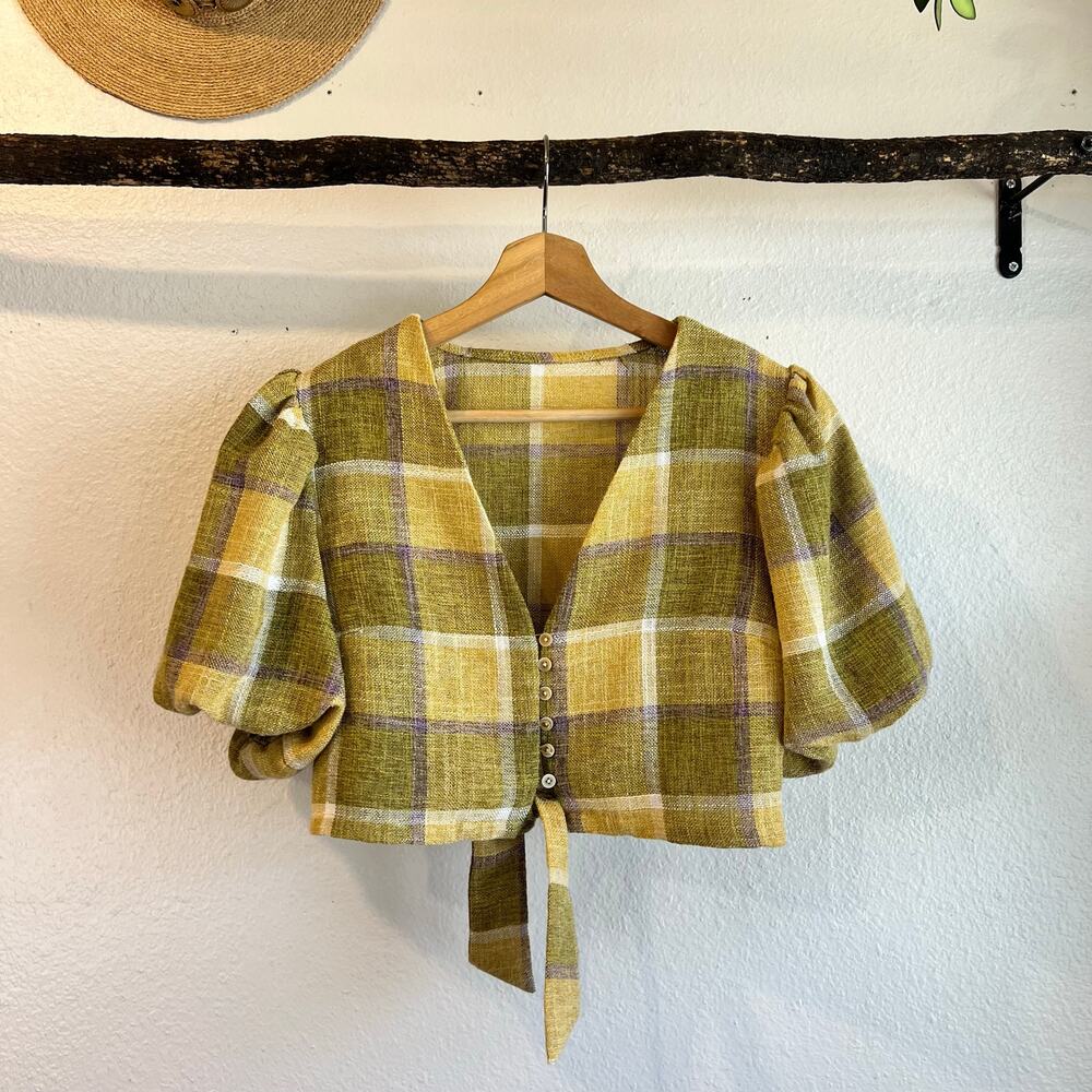 LA'VEN Los Angeles Green Plaid Button Tie Puffed Sleeve Crop Top Size Small